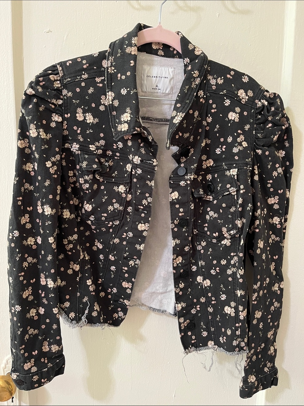 Celebrity Pink Black Floral Puff-Sleeve Denim Jacket